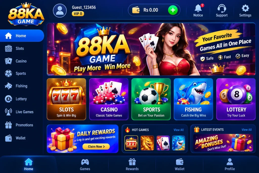 88KA Game Android homepage with slots, casino, sports, fishing and lottery sections