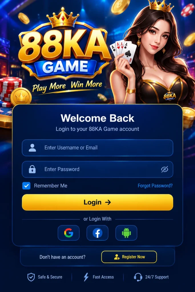 88KA Game login page with username, password and account registration options