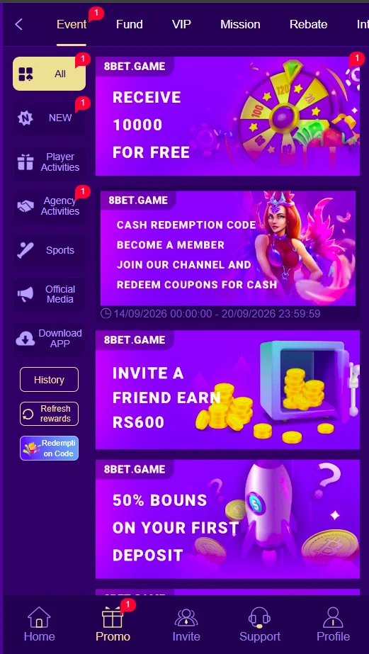 8Bet Game promotion section with available offers