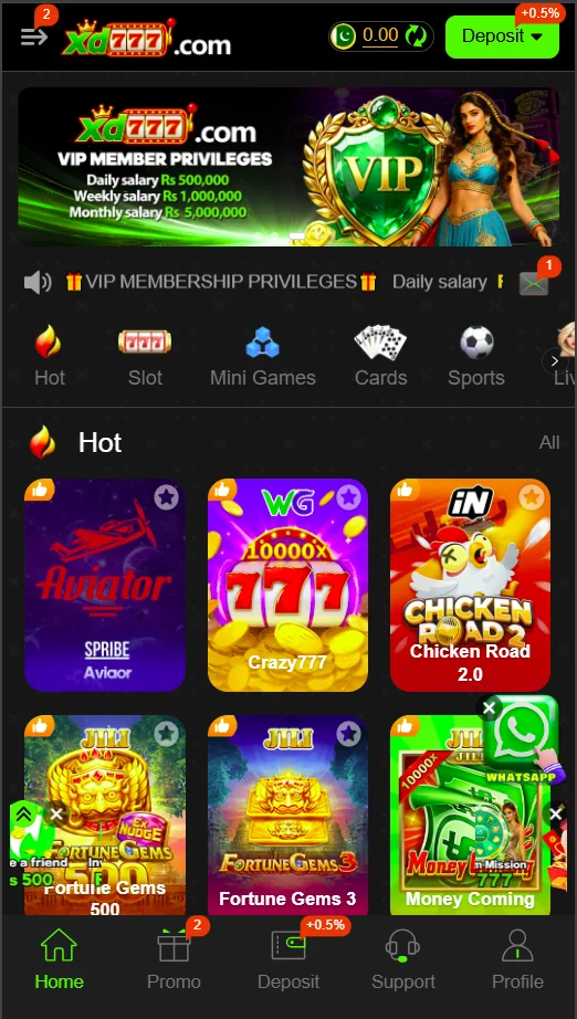 XD777 Game Android homepage showing its main gaming sections