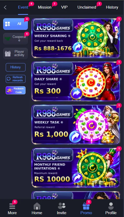 R988 Game promotional rewards and special offers