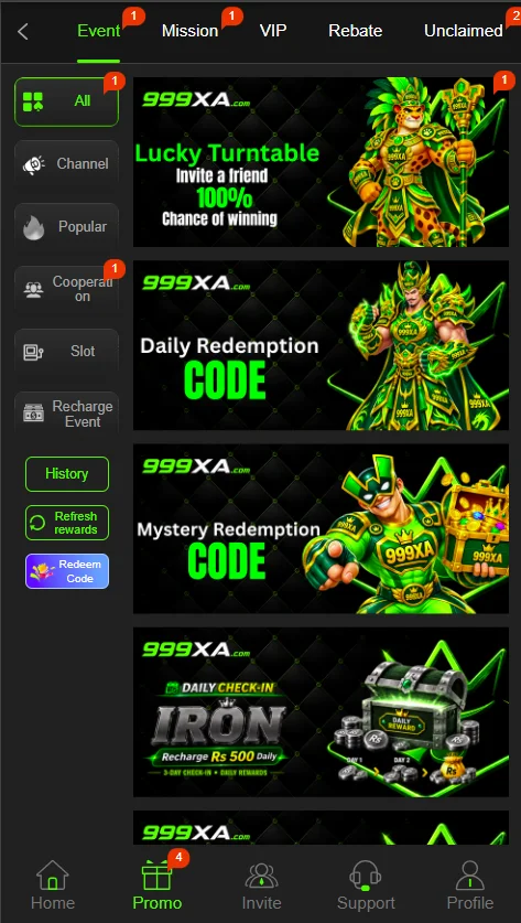 999XA Game promotional offers and rewards