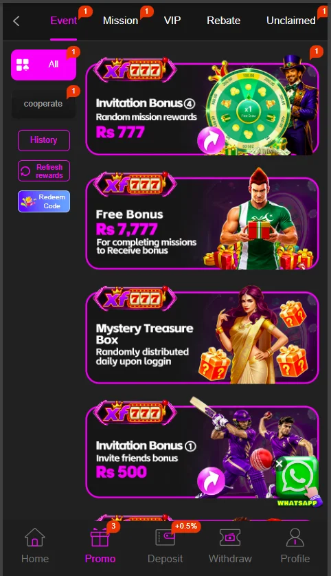 XF777 Game promotional offers and rewards