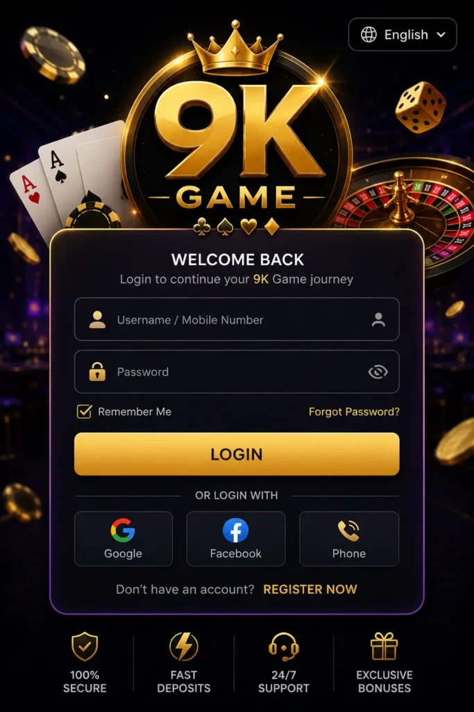 9K Game Android login interface for secure account access