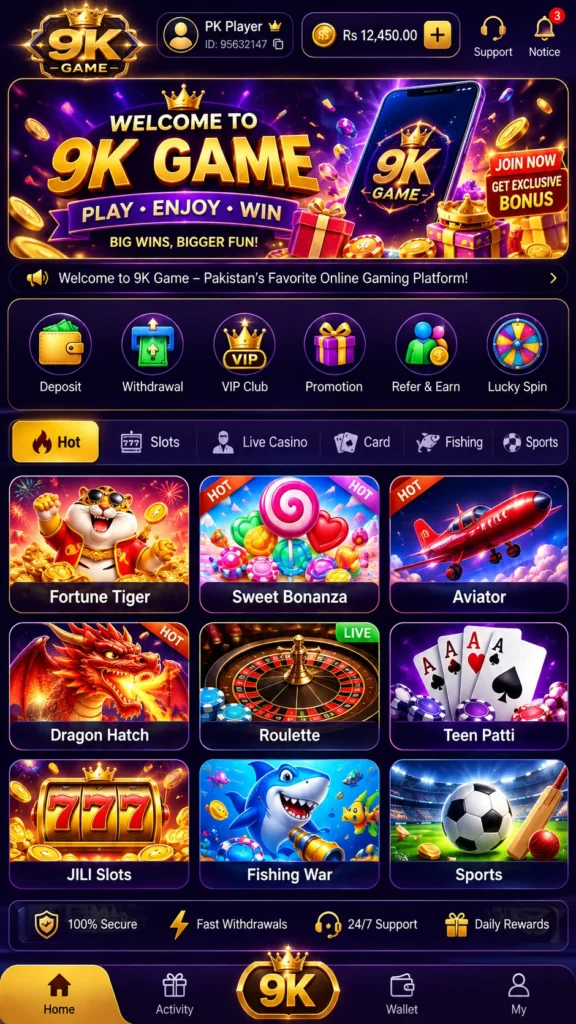 9K Game Android home screen with game categories and account options