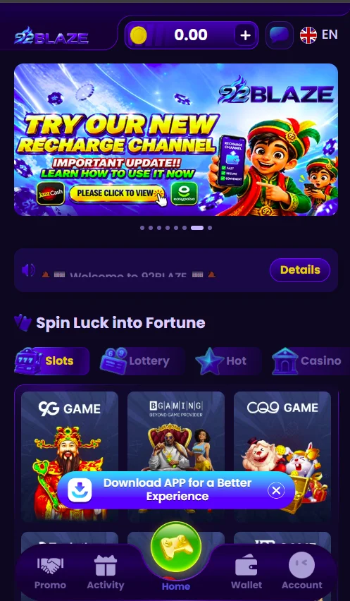 92BLAZE Game Android homepage with gaming sections