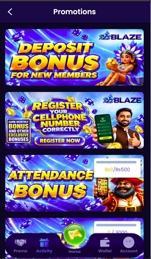 92BLAZE Game bonus and promotional offers interface